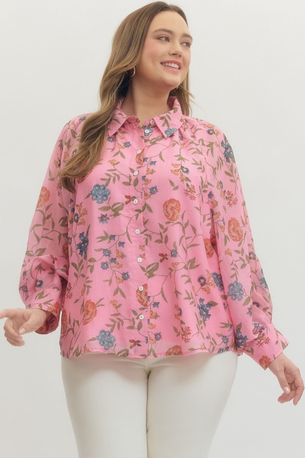 Entro Floral Print Long Sleeve Top In Pink PLUS Size *FINAL SALE*