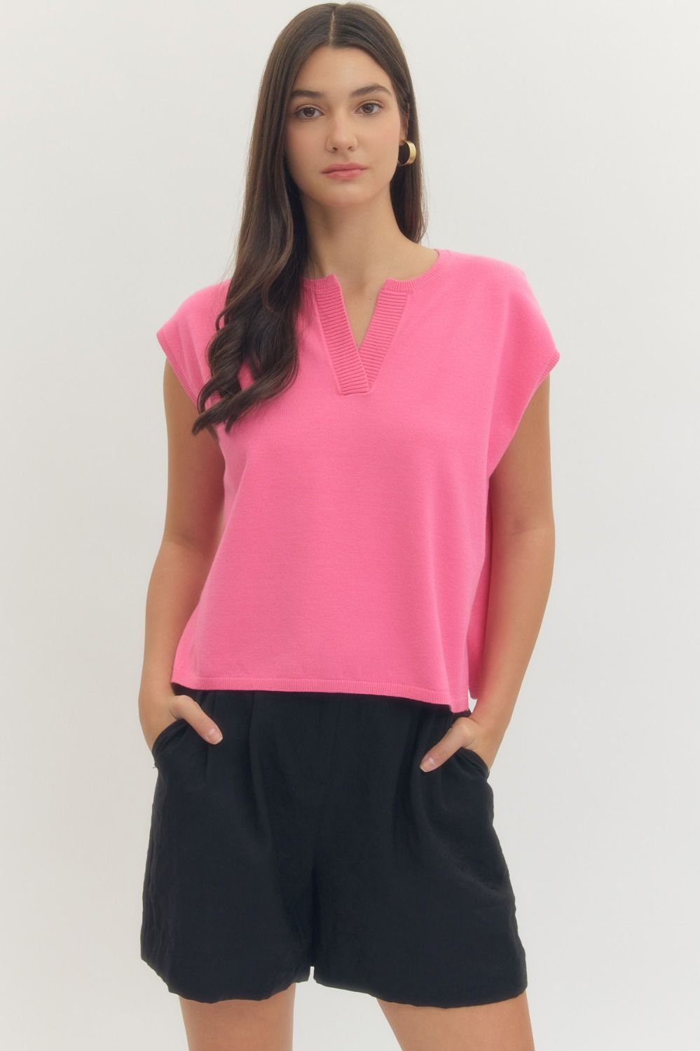 Entro Short Sleeve Knit Top With Ribbed V Neck In Pink