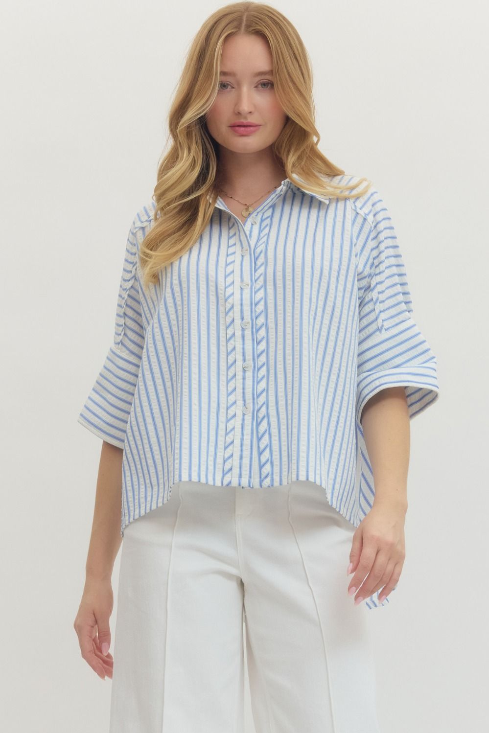 Entro Striped Collar 3/4 Sleeve Button Down In Blue