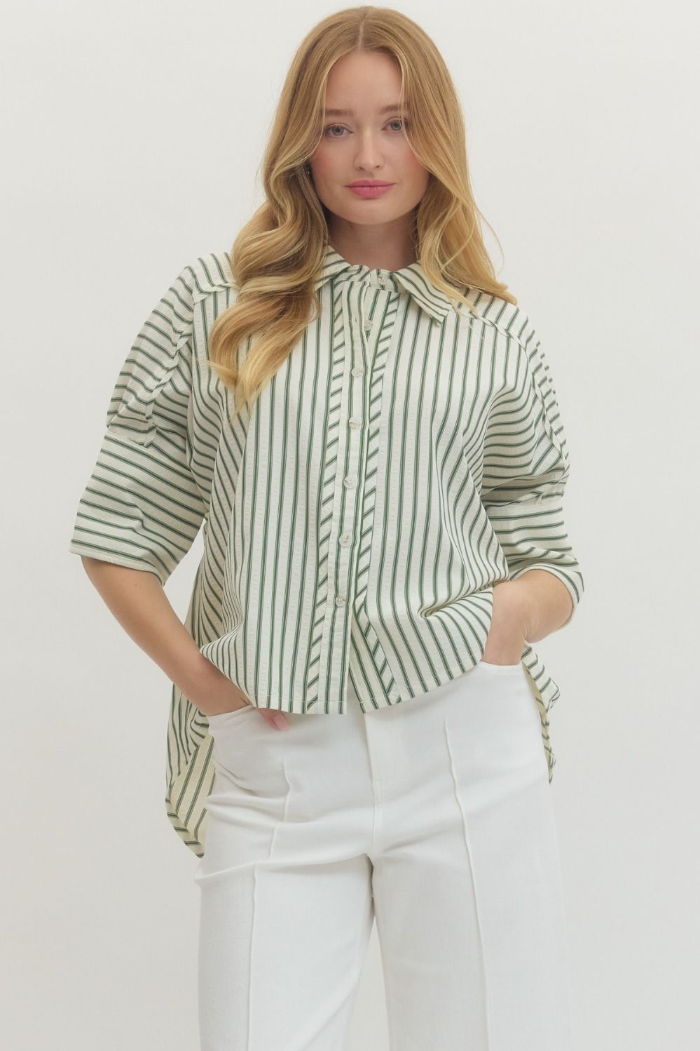 Entro Striped Collar 3/4 Sleeve Button Down In Green