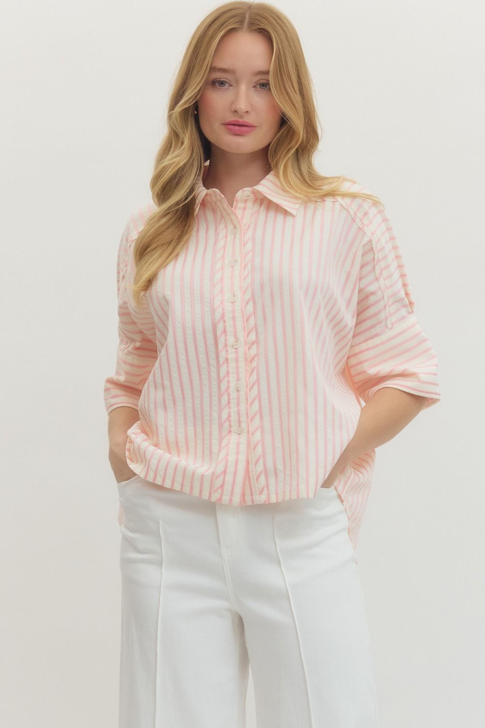Entro Striped Collar 3/4 Sleeve Button Down In Light Pink