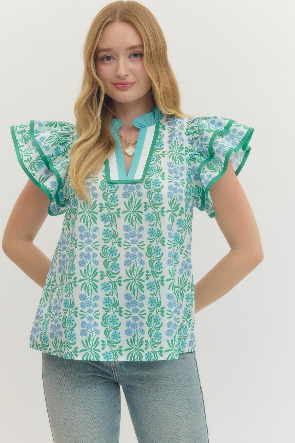 Entro Floral Print Flutter Sleeve Top With Contrast Trim In Blue