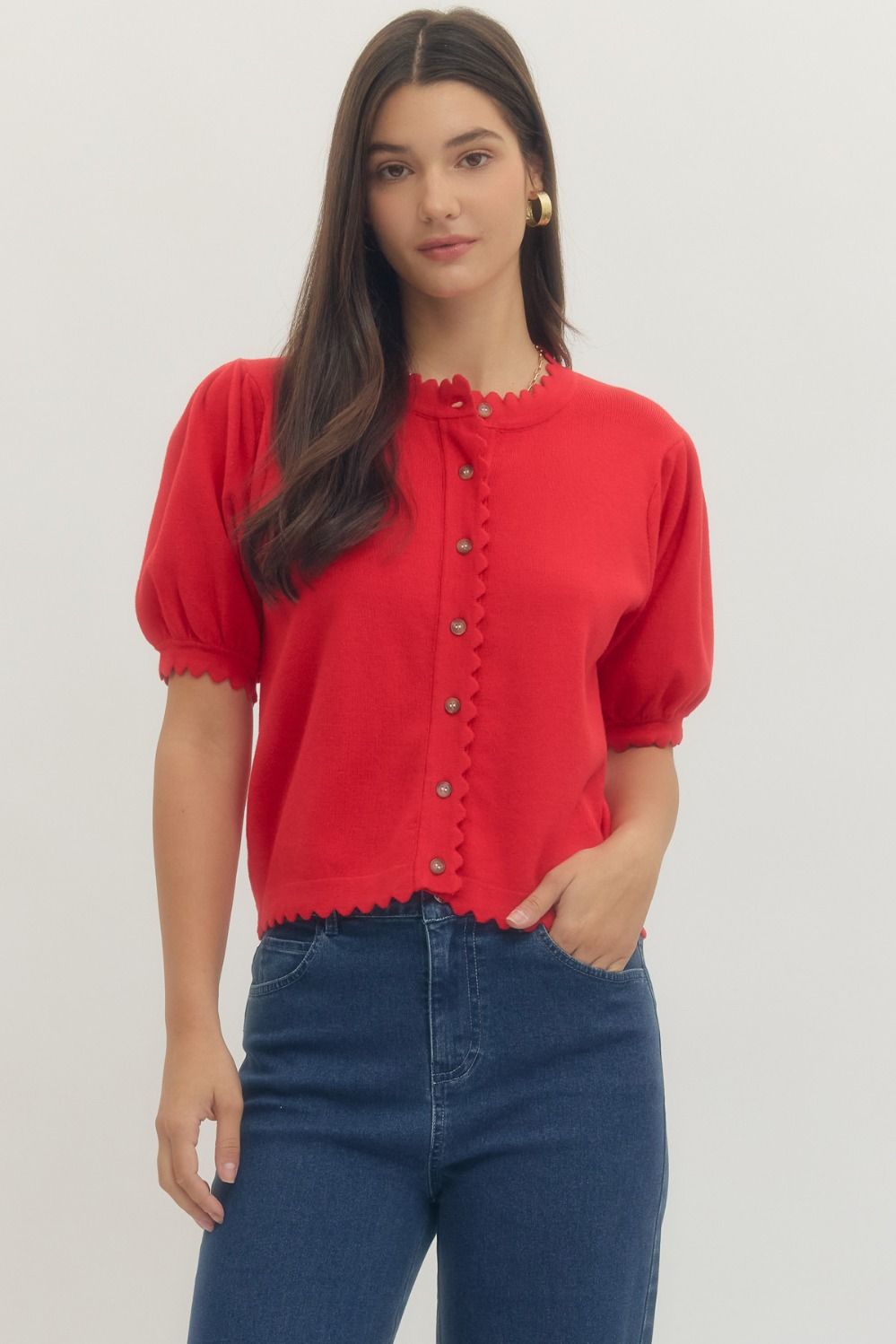 Entro Solid Short Puff Sleeve Knit Top With Scallop Edge In Red