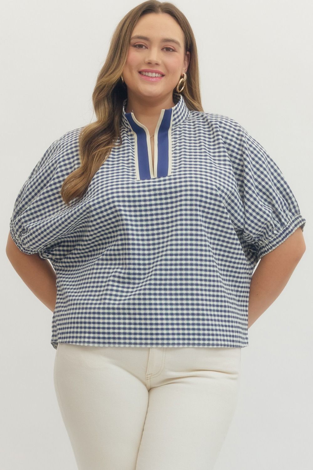 Entro Gingham Short Dolman Sleeve Top In Navy PLUS Size