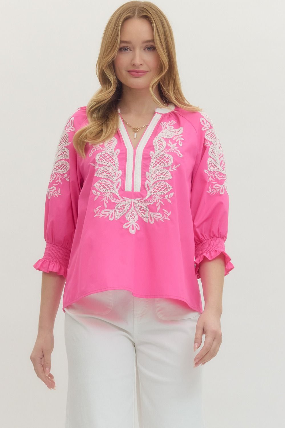 Entro Solid Embroidered 3/4 Sleeve Top In Hot Pink