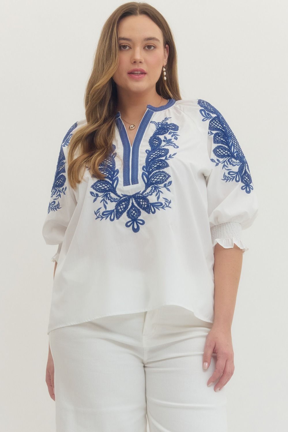Entro Solid Embroidered 3/4 Sleeve Top In Off White PLUS Size
