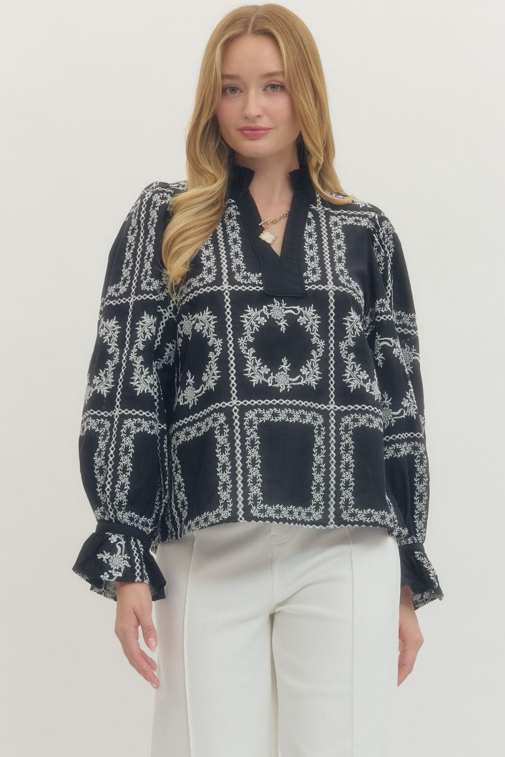 Entro Embroidered Eyelet Top In Black