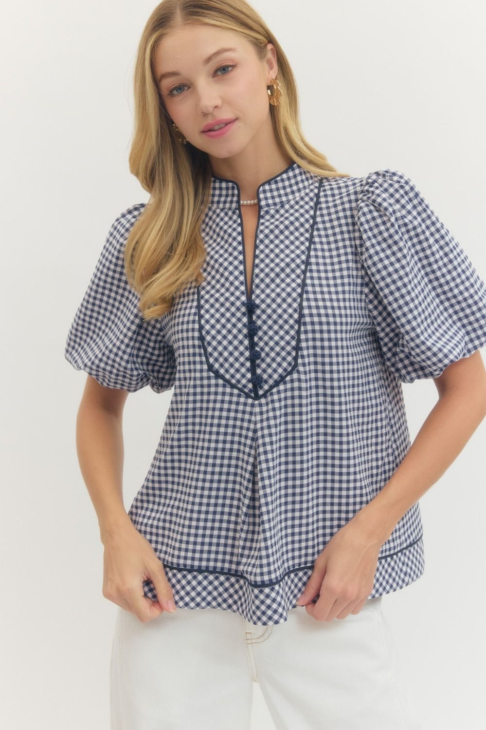 Entro Gingham Puff Sleeve Top With Button Detail In Navy