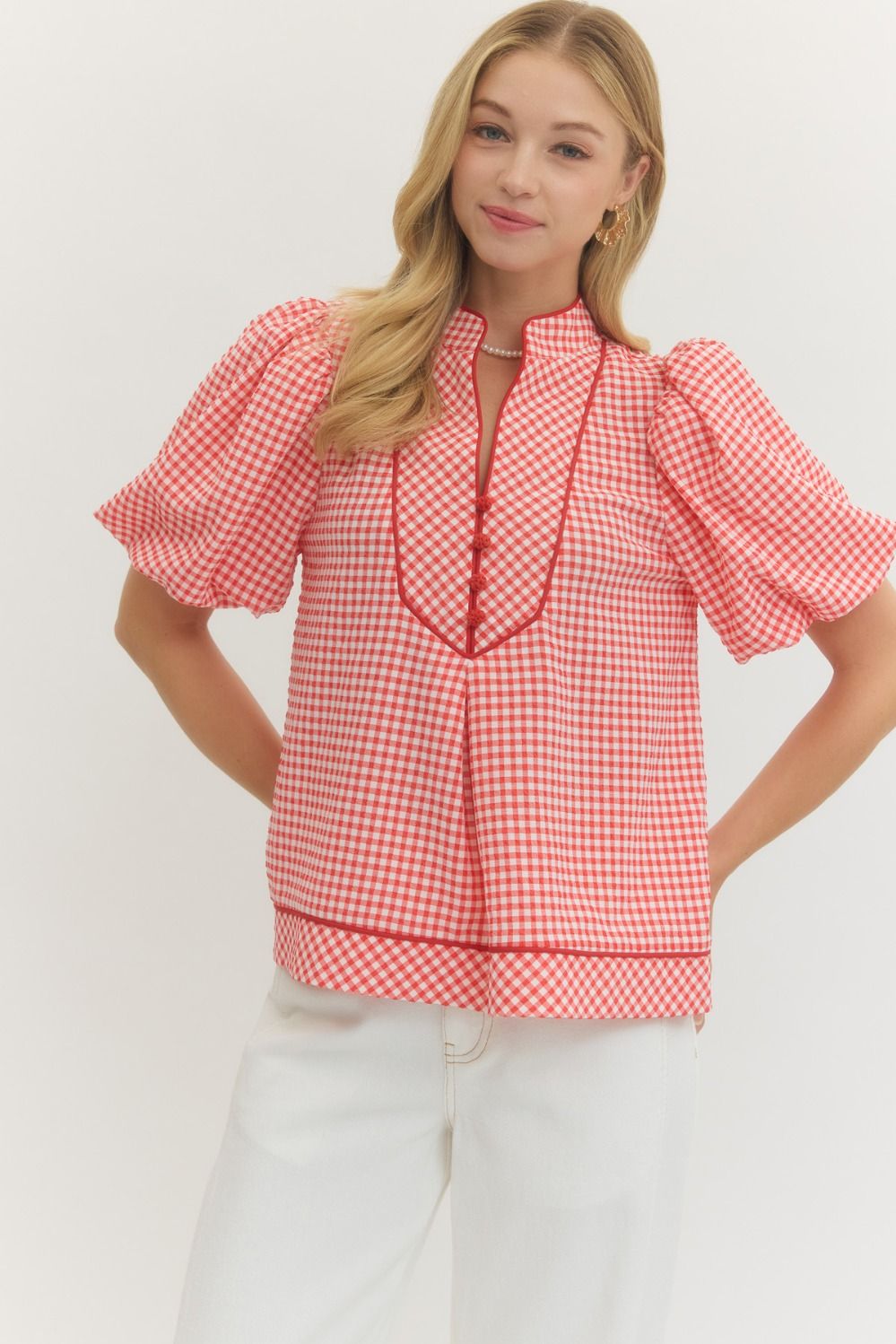 Entro Gingham Puff Sleeve Top With Button Detail In Red