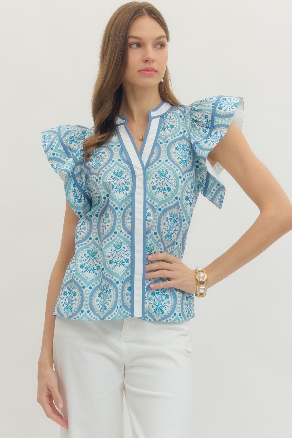 ENTRO Printed Flutter Short Sleeve Top In Blue *COMING SOON*
