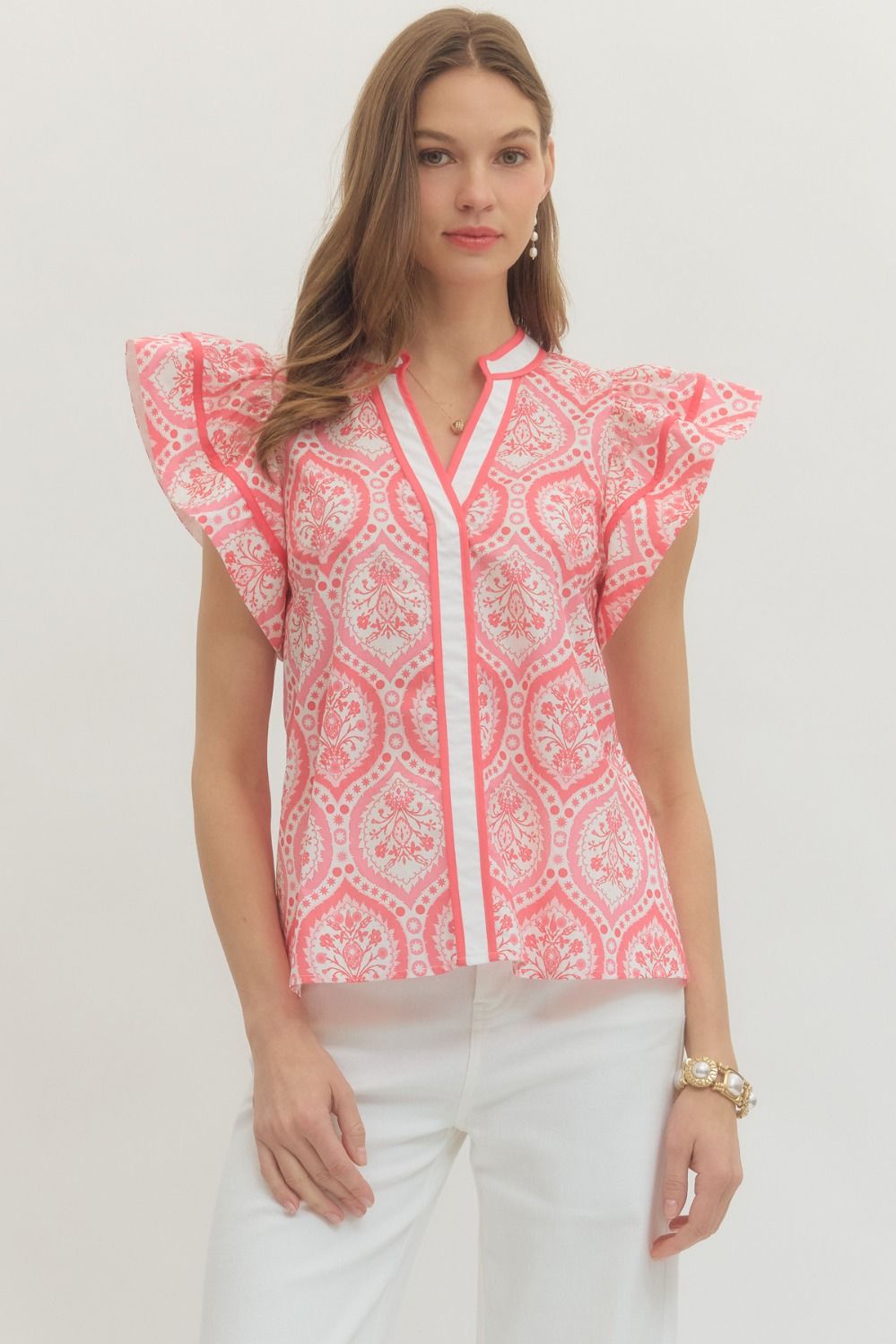 ENTRO Printed Flutter Short Sleeve Top In Pink *COMING SOON*