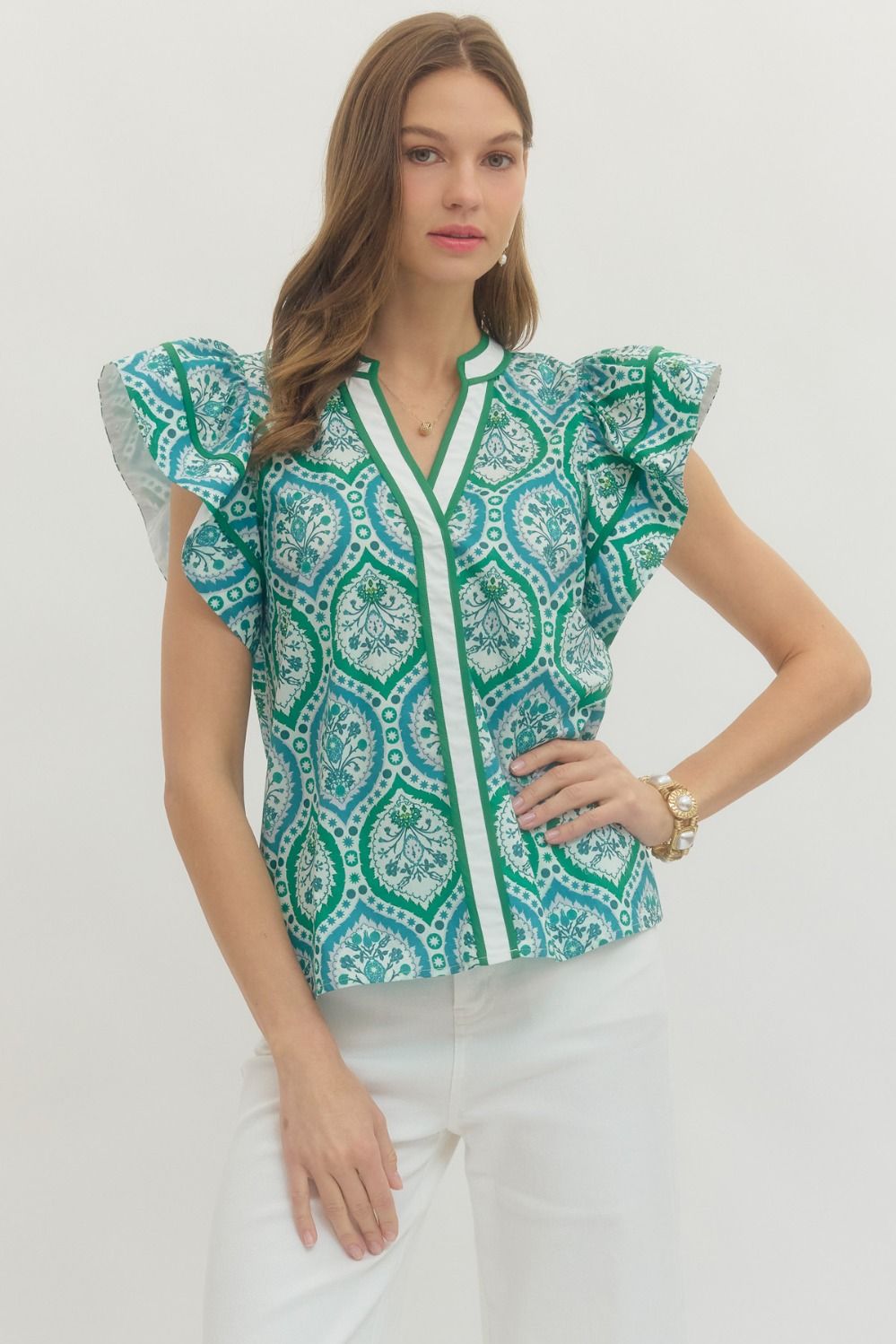 ENTRO Printed Flutter Short Sleeve Top In Teal Green *COMING SOON*