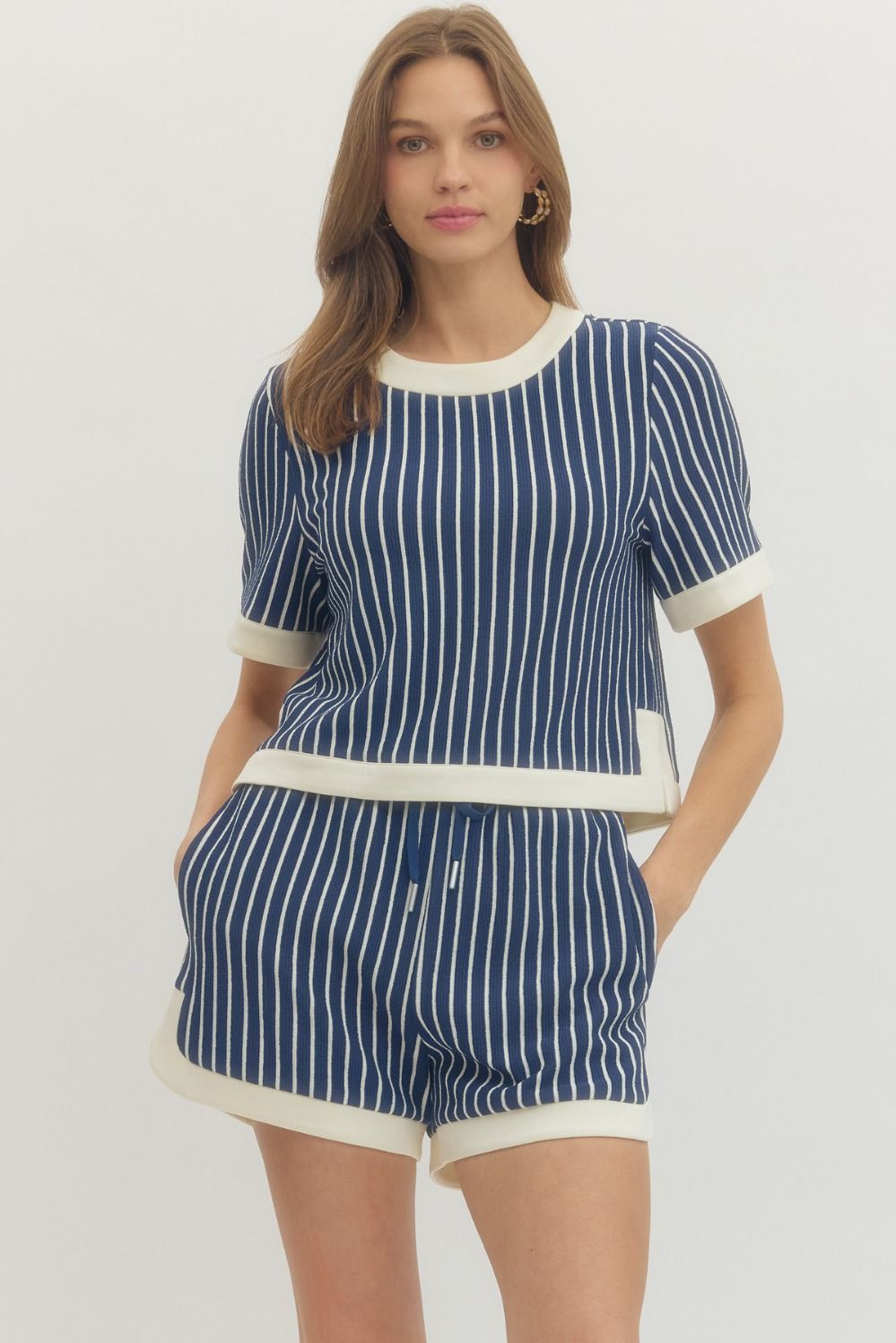 ENTRO Striped Knit Top With Contrast Trim In Navy *COMING SOON*