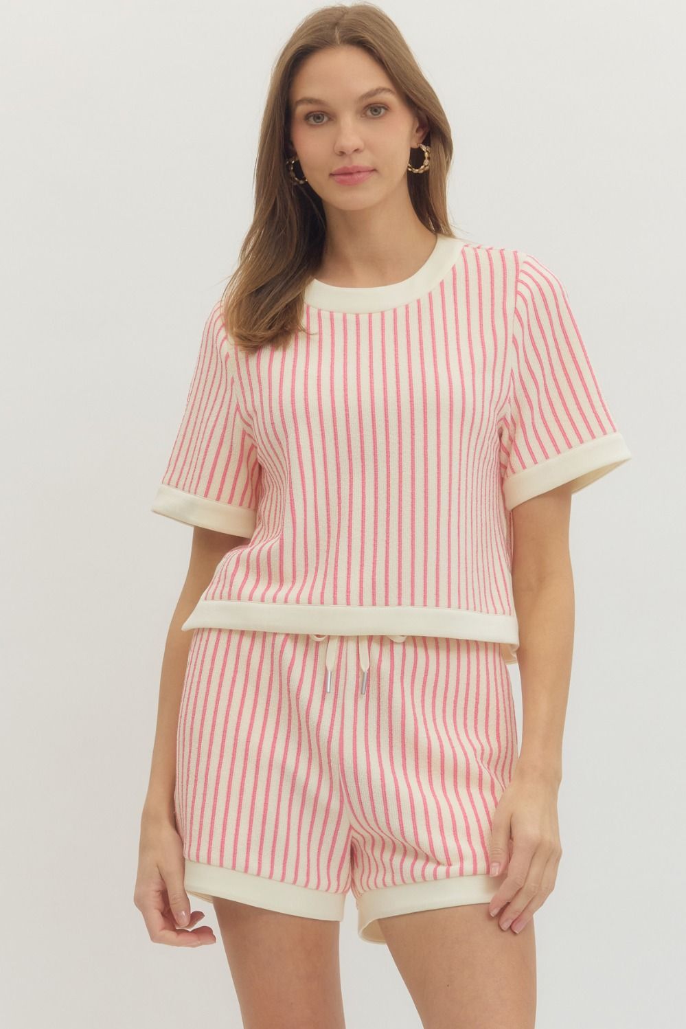 ENTRO Striped Knit Top With Contrast Trim In Pink *COMING SOON*
