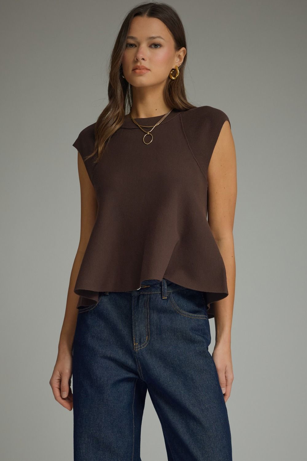ENTRO Solid Cap Sleeve Top With Flared Hem In Brown *COMING SOON*