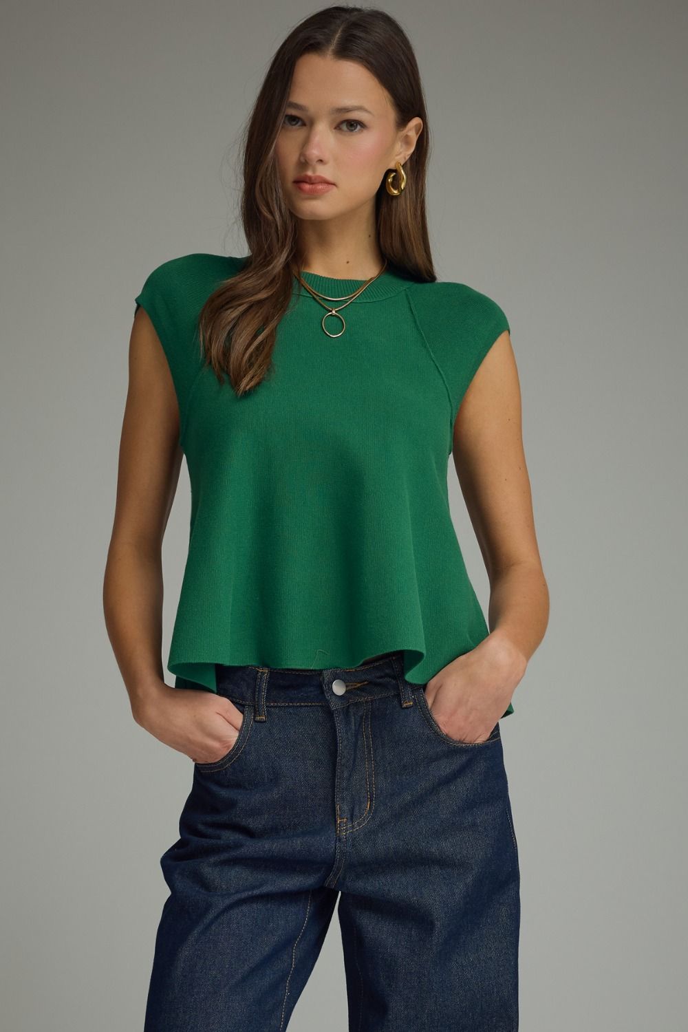 ENTRO Solid Cap Sleeve Top With Flared Hem In Hunter Green *COMING SOON*