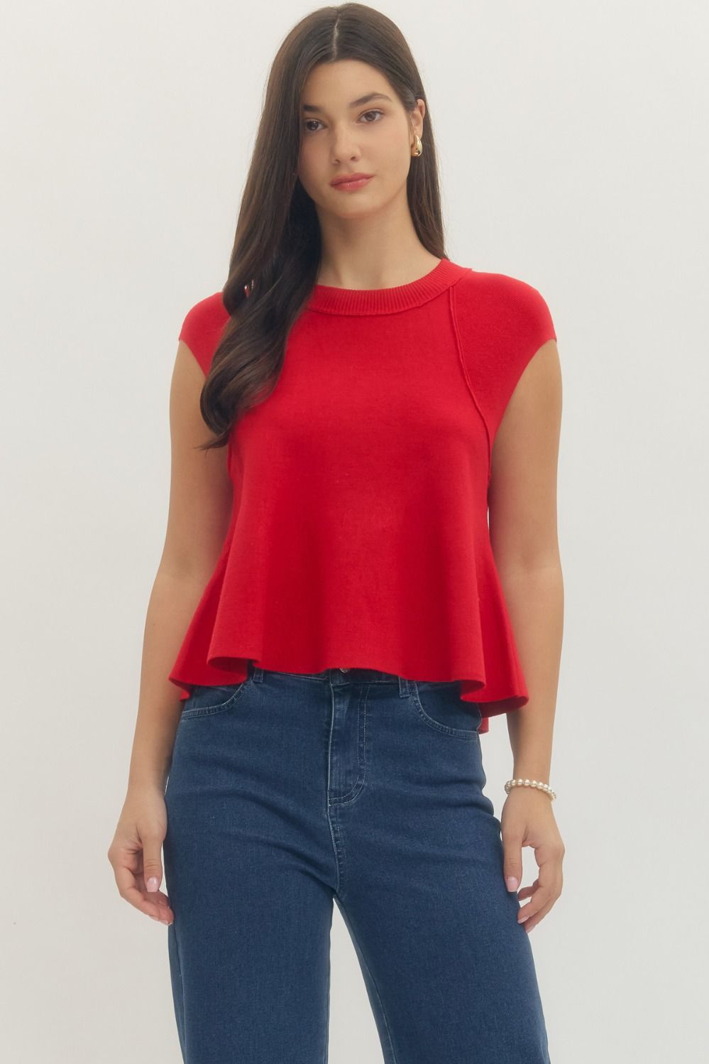 Entro Solid Cap Sleeve Top With Flair Hem In Red
