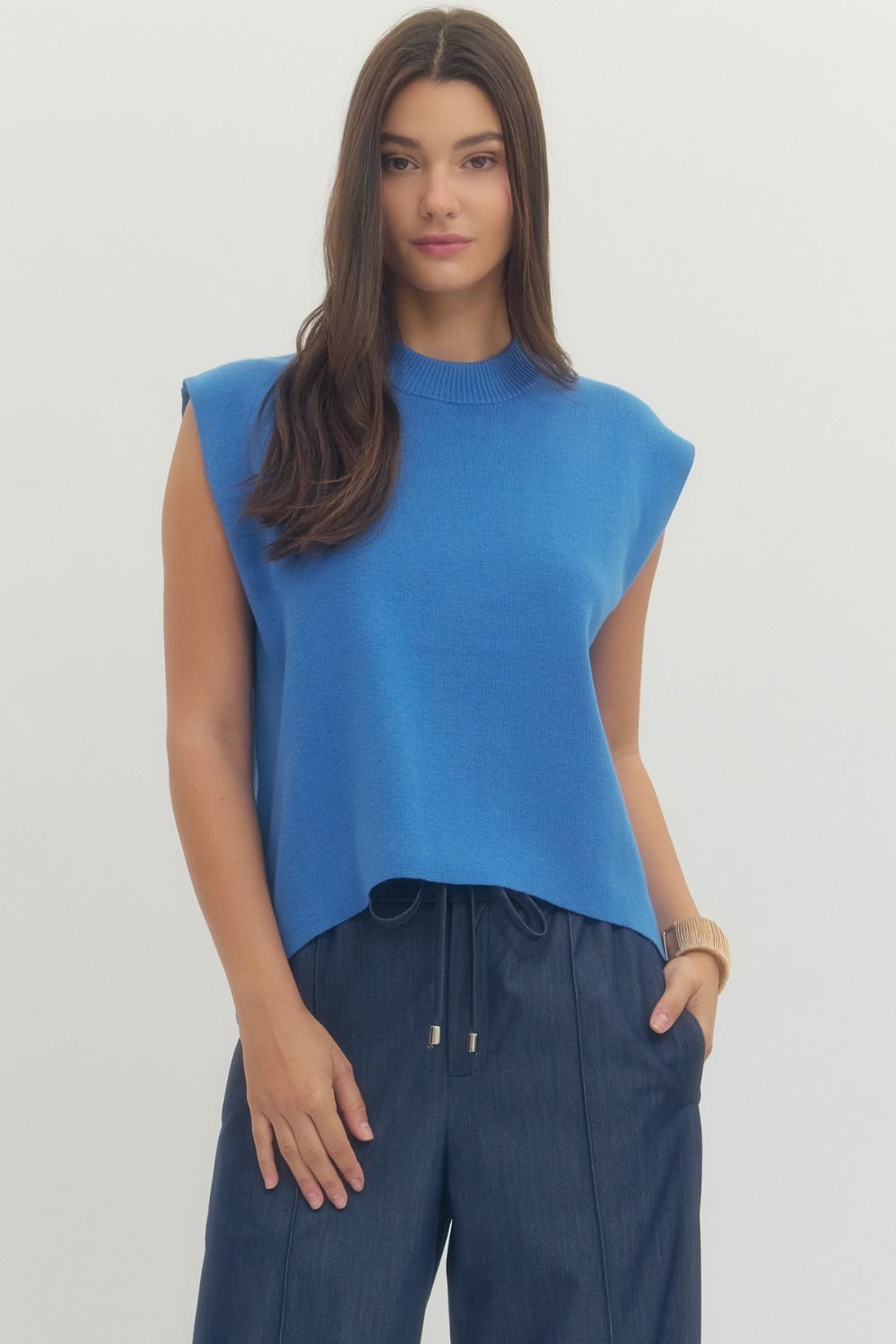 Entro Solid Cap Sleeve Top With Ribbed Mock Neck In Blue *FINAL SALE*
