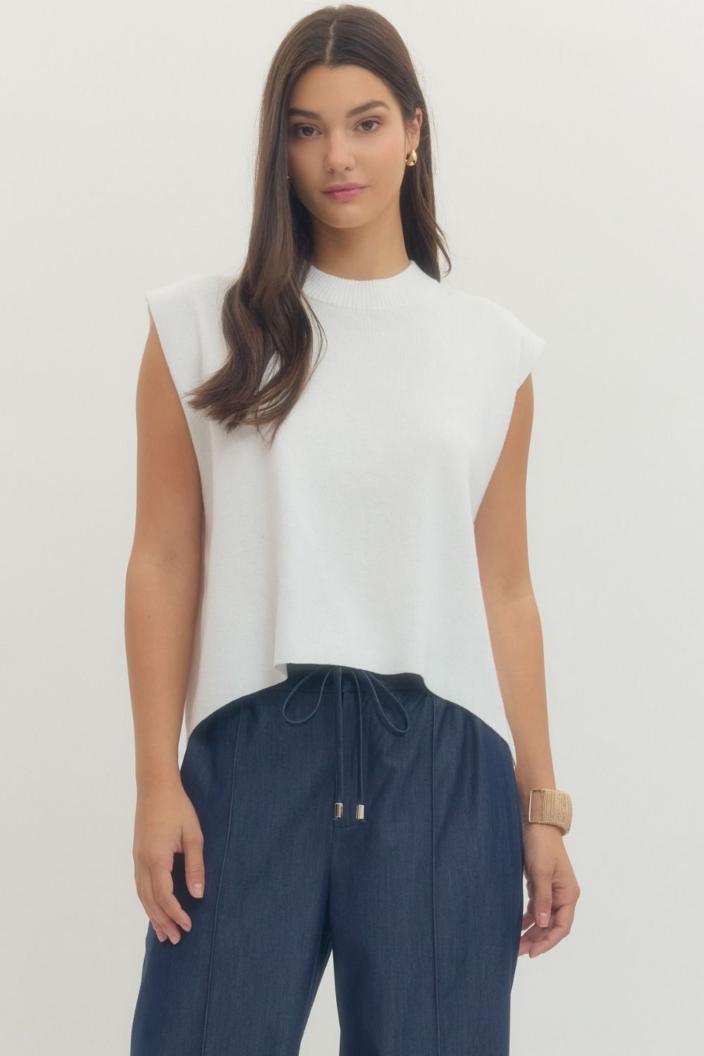 Entro Solid Cap Sleeve Top With Ribbed Mock Neck In Off White
