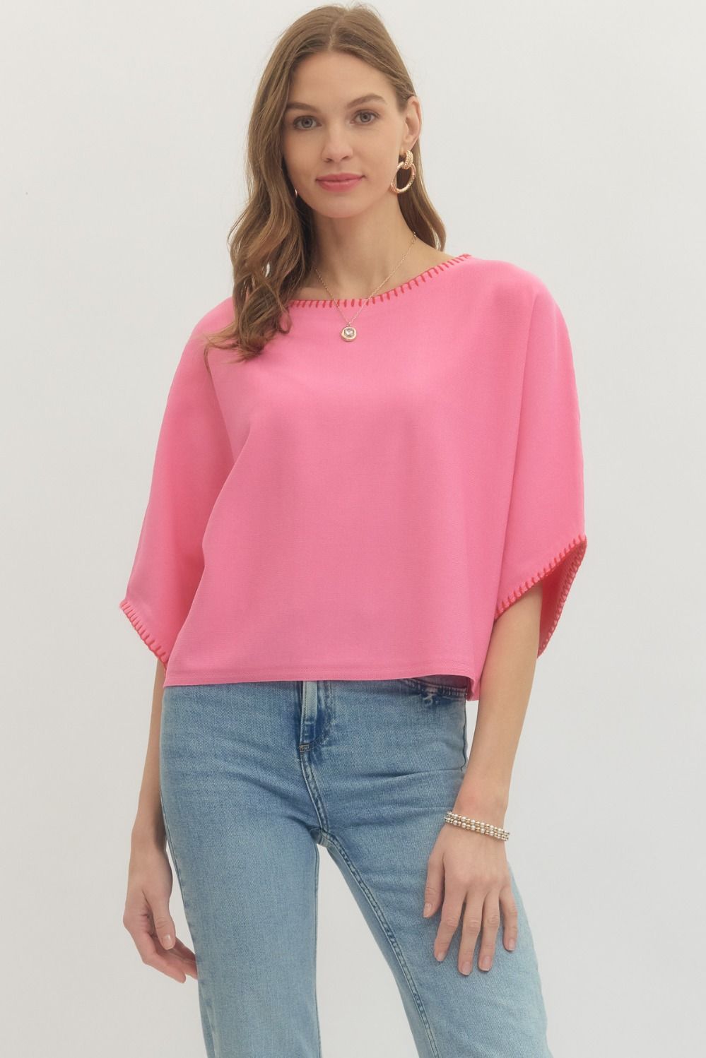 Entro Solid 3/4 Sleeve Top With Blanket Stitch Trim In Pink *COMING SOON*