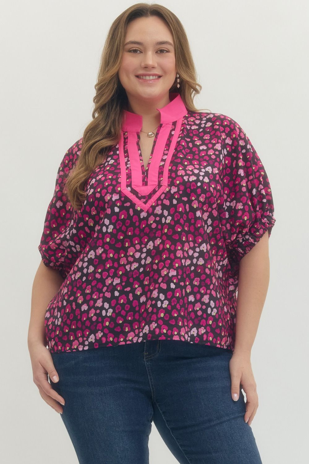 Entro Printed Short Sleeve Dolman Top In Black PLUS Size