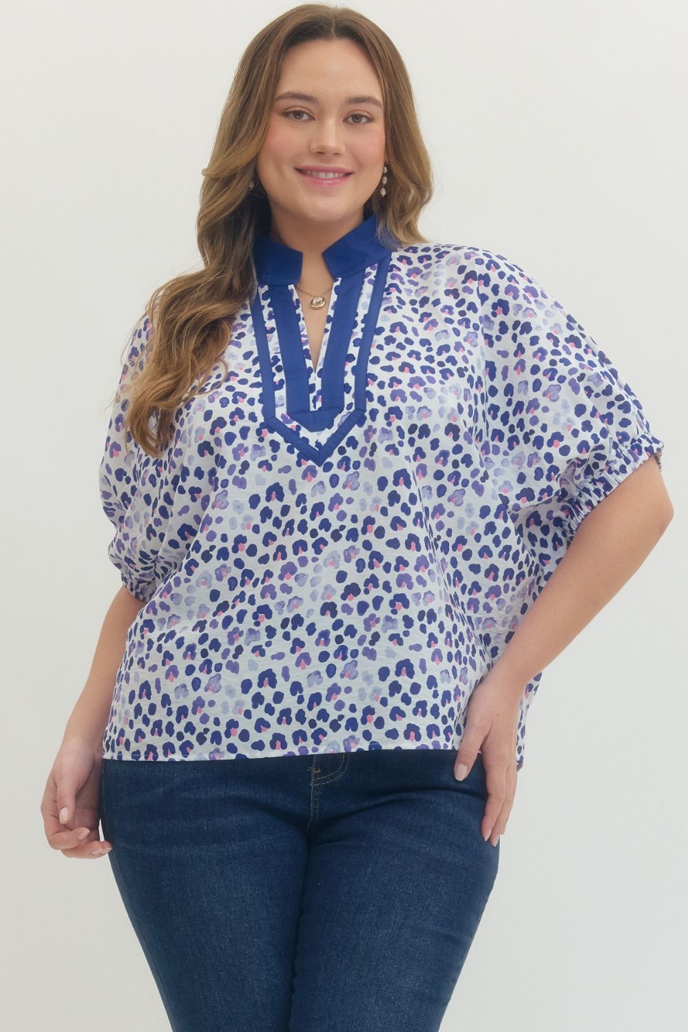 Entro Printed Short Sleeve Dolman Top In Blue PLUS Size