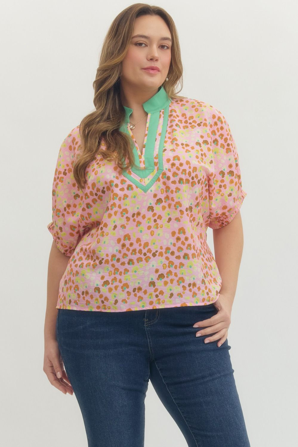 Entro Printed Short Sleeve Dolman Top In Blush PLUS Size
