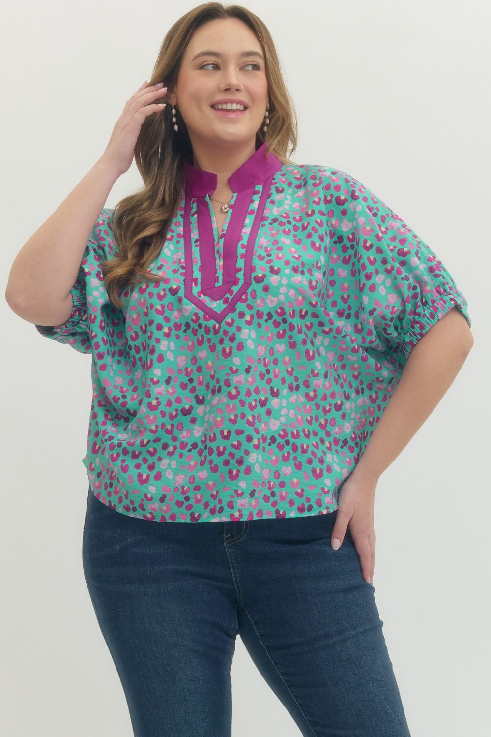 Entro Printed Short Sleeve Dolman Top In Jade PLUS Size