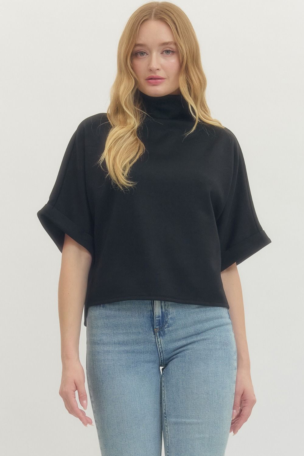 Entro Luxeknit Solid Mock Neck Top In Black
