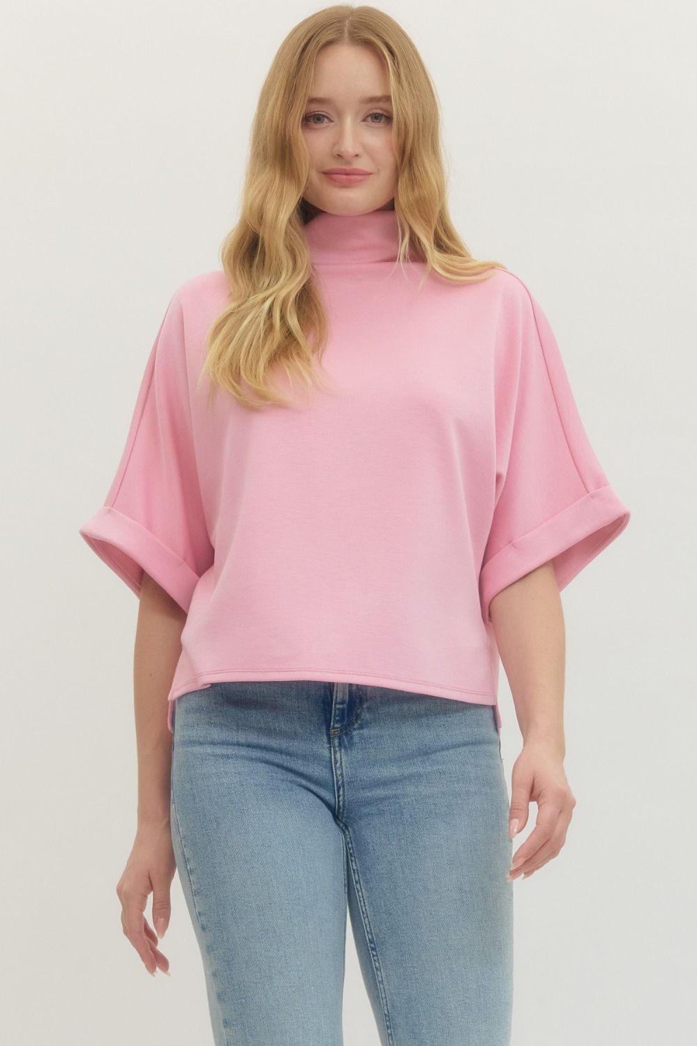 Entro Luxeknit Solid Mock Neck Top In Light Pink
