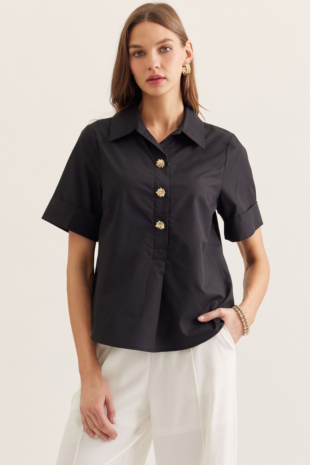 ENTRO Solid Short Sleeve Top With Gold Button Accent In Black