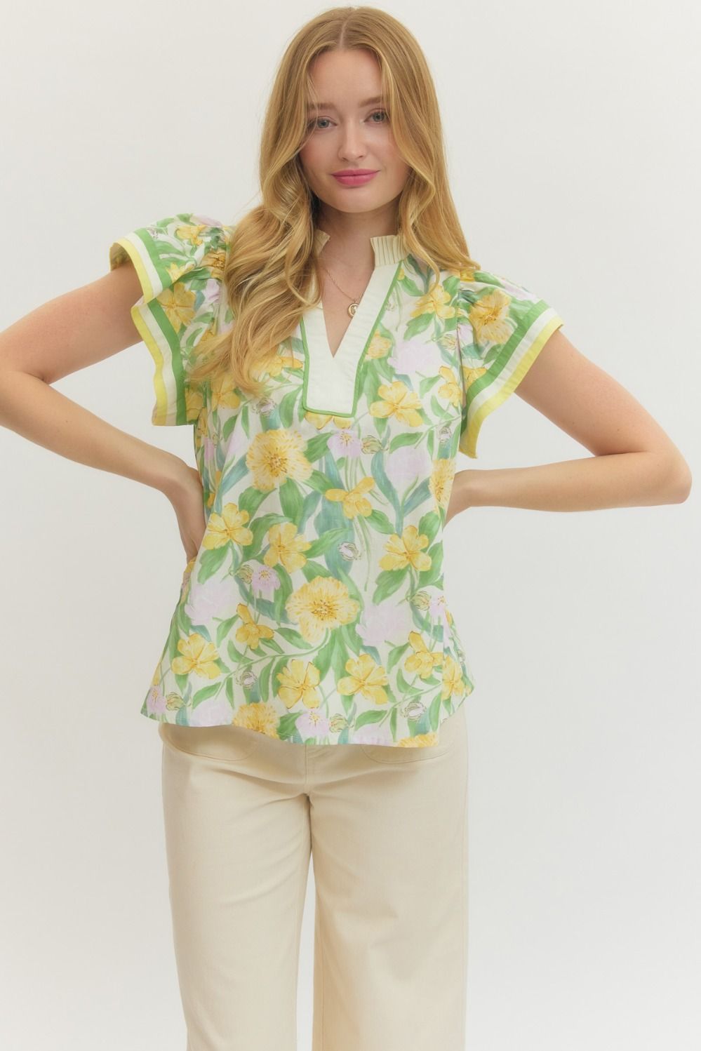 Entro Floral Flutter Sleeve Top In Yellow