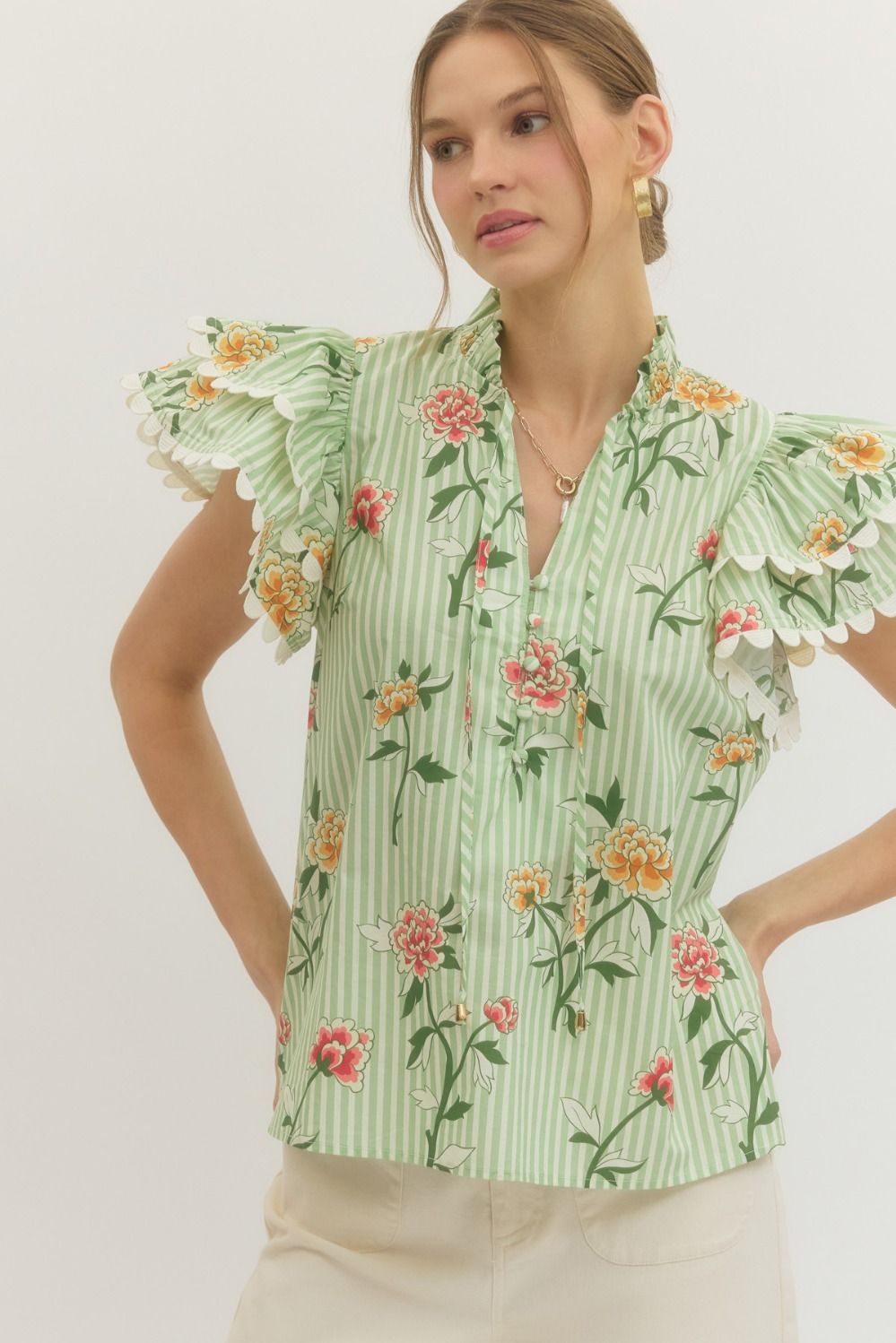 ENTRO Green Stripe Floral Flutter Sleeve Top *COMING SOON*