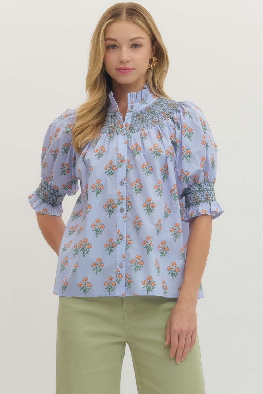 ENTRO Floral Print Puff Sleeve With Smocked Collar In Blue