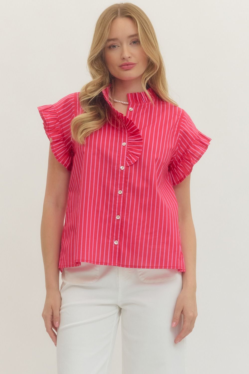 ENTRO Stripe Short Sleeve Top With Ruffle Neckline In Red