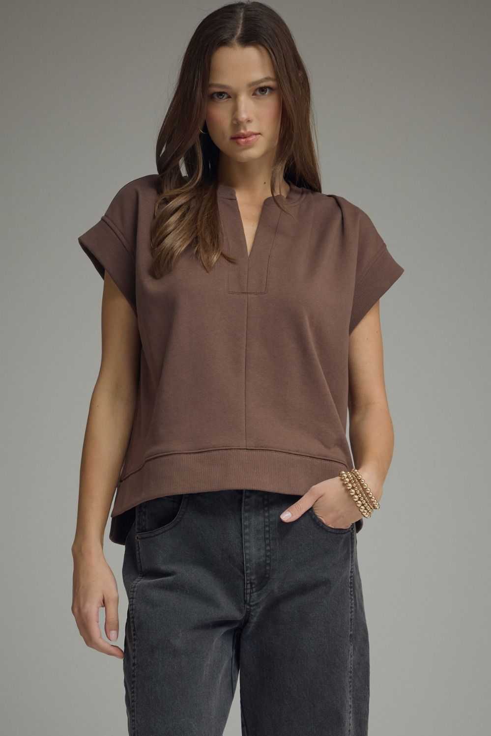 ENTRO Solid Cap Sleeve Top With Pleated V Neck In Brown *COMING SOON*