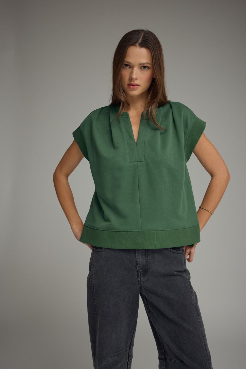 ENTRO Solid Cap Sleeve Top With Pleated V Neck In Hunter Green *COMING SOON*