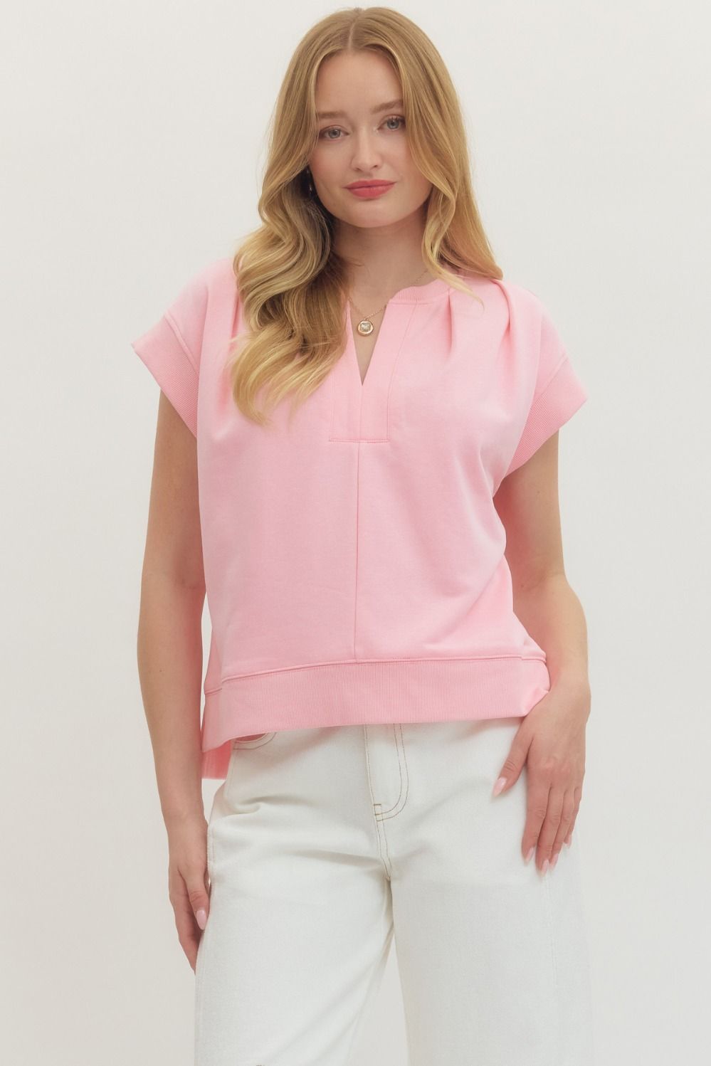 Entro Short Sleeve Top With V Neckline And Pleated Detail In Light Pink