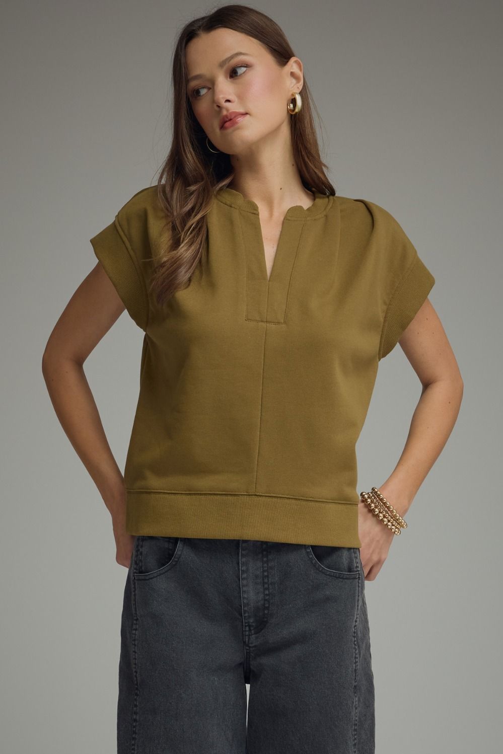 ENTRO Solid Cap Sleeve Top With Pleated V Neck In Martini Olive *COMING SOON*