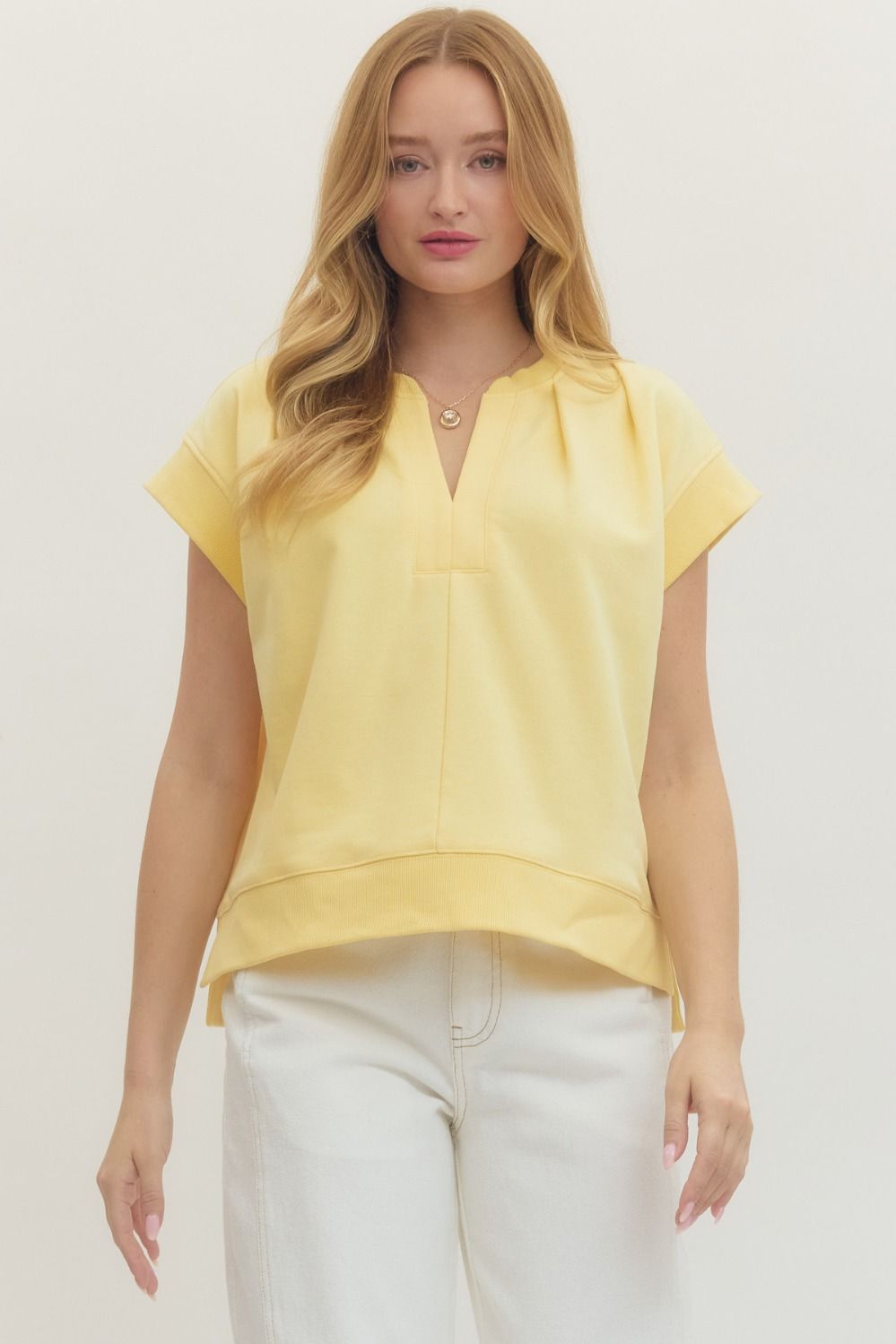 Entro Short Sleeve Top With V Neckline And Pleated Detail In Yellow