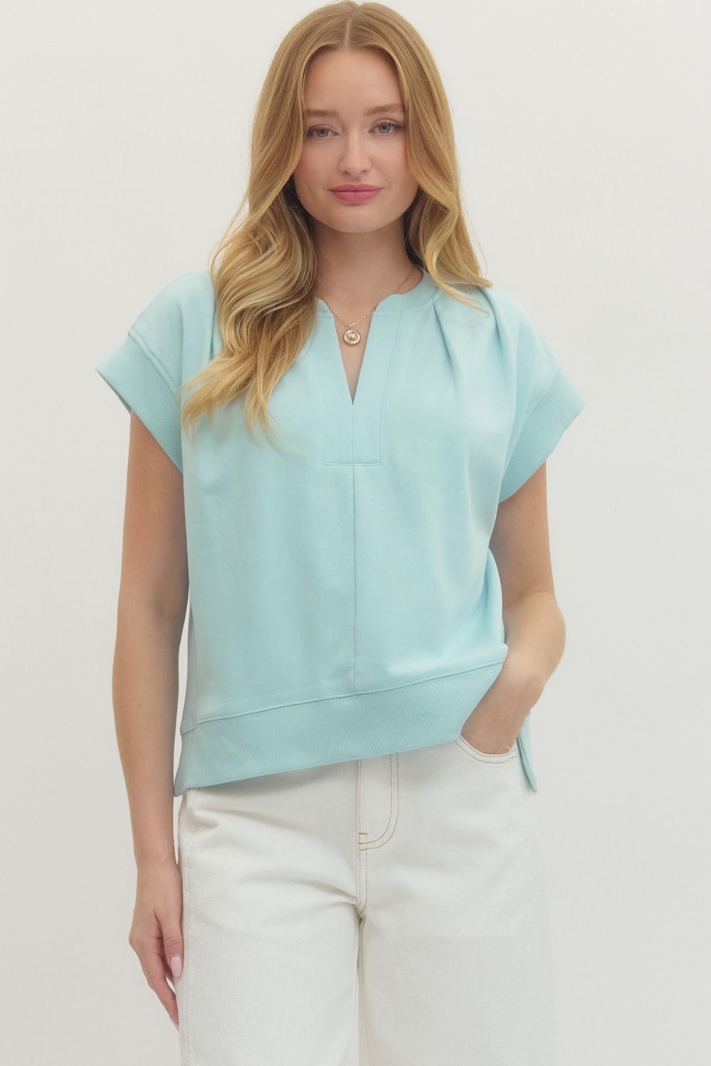 Entro Short Sleeve Top With V Neckline And Pleated Detail In Light Blue