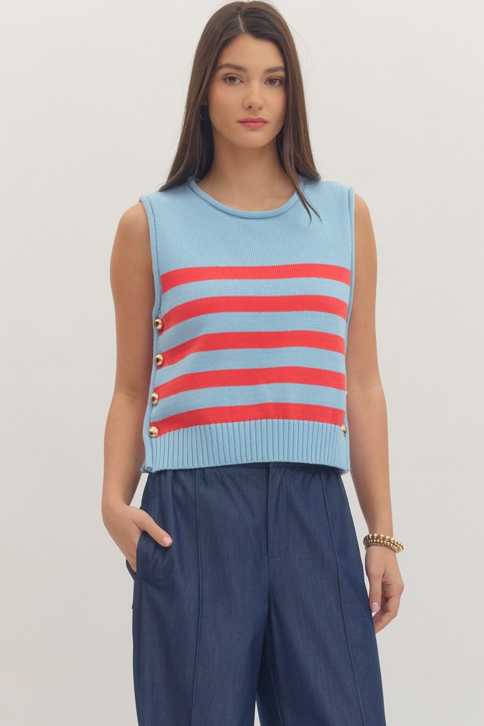 ENTRO Striped Sleeveless Knit Top With Gold Detail In Blue
