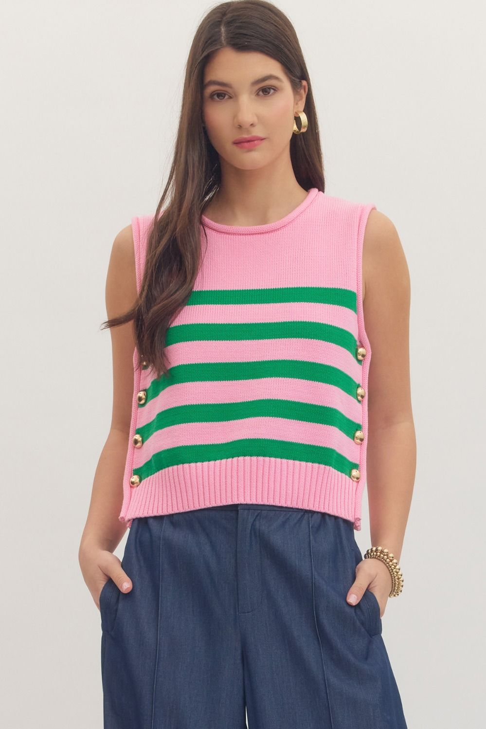 ENTRO Striped Sleeveless Knit Top With Gold Detail In Pink