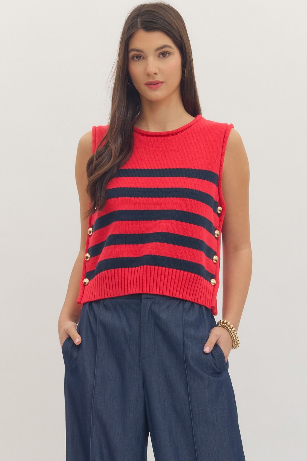 ENTRO Striped Sleeveless Knit Top With Gold Detail In Red