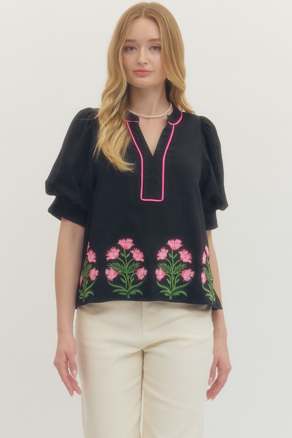 Entro Floral Embroidered Puff Sleeve Top In Black