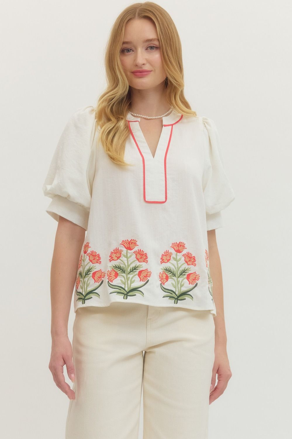 Entro Floral Embroidered Puff Sleeve Top In Ivory *COMING SOON*