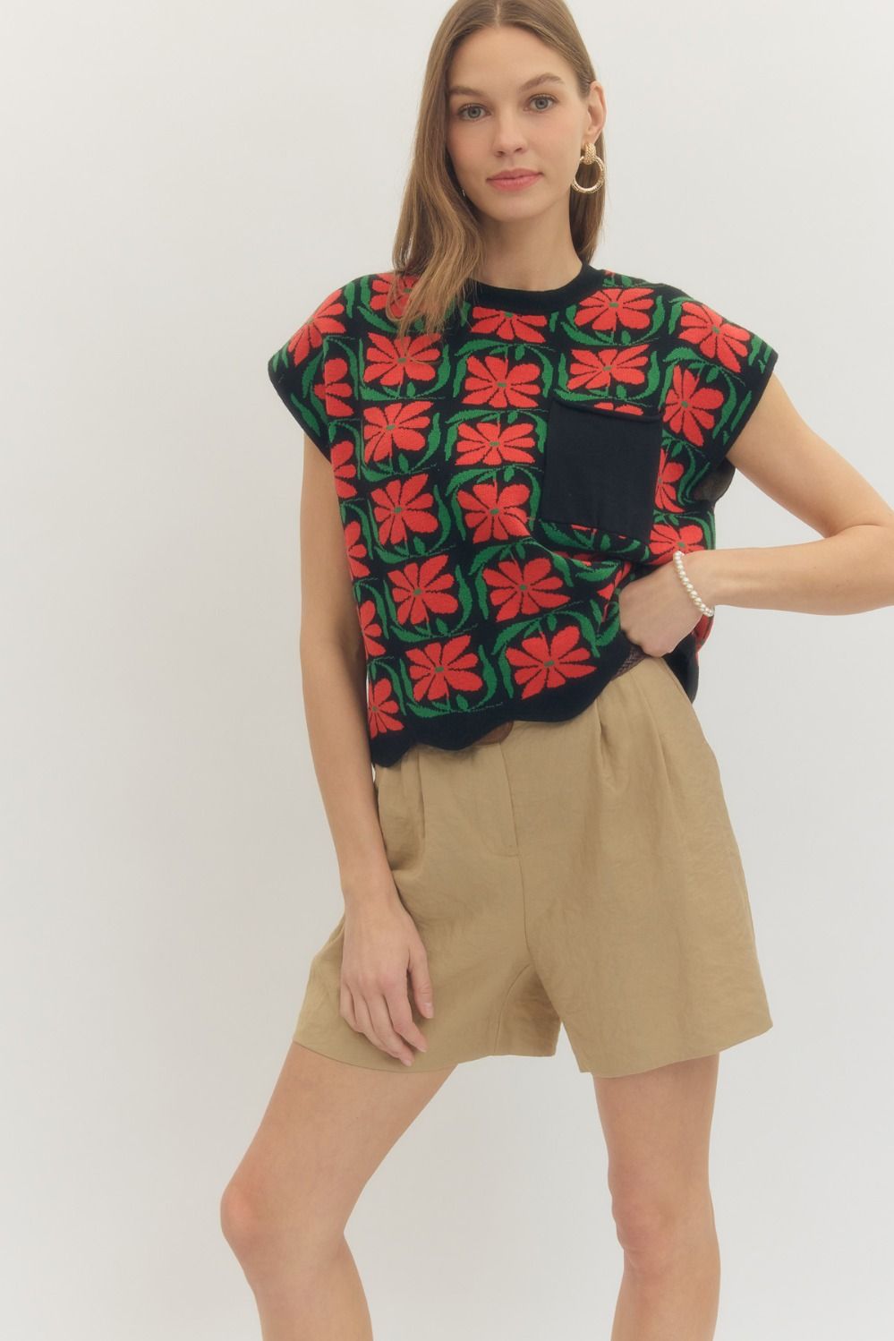 ENTRO Floral Knit Cap Sleeve Top In Black – Craft Closet