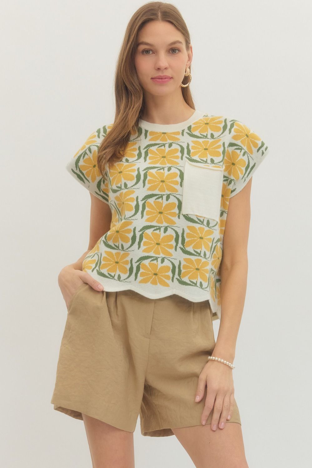 ENTRO Floral Knit Cap Sleeve Top In Citrus *COMING SOON*