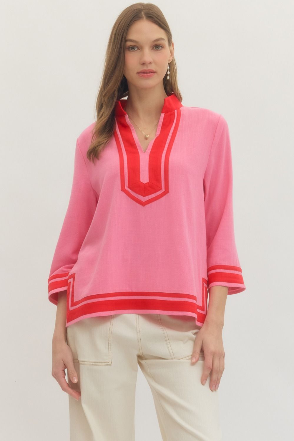 Entro Solid 3/4 Sleeve Caftan Top In Pink *COMING SOON*