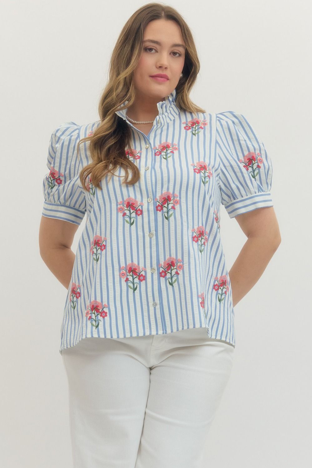 ENTRO Striped Short Sleeve Top With Floral Embroidery In Blue PLUS Sizes